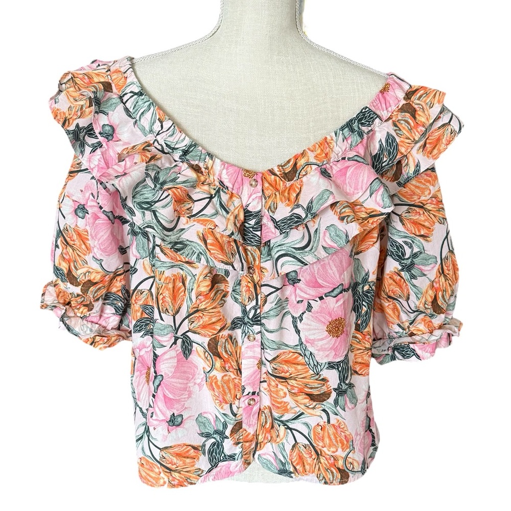 Cecilia Petterson for Anthropologie. Ruffled Off-The-Shoulder Floral Blouse - L